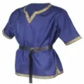 Detailed view of the medieval men's short-sleeve V-neck costume shirt with decorative trim. - S / Tops / Blue