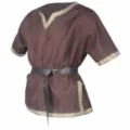 Medieval tunic costume detail, featuring V-neck, short sleeves, and elegant gold decorative trim. - Coffee