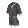 Black medieval V-neck tunic detail with gold trim and black belt for costume and cosplay. - S / Tops / Black