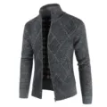 Close-up of men's grey knit cardigan showing textured diamond pattern and high collar zipper. - M / Dark Gray