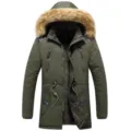 Men's winter hooded parka jacket thick fleece lined warm faux fur coat outdoor casual - L / Green