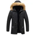 Men's winter thick warm hooded parka jacket with faux fur collar and fleece lining. - L / Black