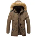 Men's winter thermal hooded parka jacket with faux fur collar and plush fleece lining. - L / Coffee