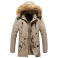 Men's winter khaki hooded parka jacket with plush faux fur collar and warm fleece lining - L / Khaki