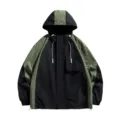Black and green colorblock cargo windbreaker hooded jacket, casual outdoor wear. - M / Black