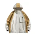 Japanese style colorblock outdoor windbreaker jacket, casual loose hooded waterproof coat for women - M / Apricot