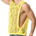 Uomo giallo rete canotta senza maniche casual allenamento muscolo camicia fitness top - Taglia S / Giallo