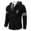 Herren Herbst Winter Kapuze Strickjacke Pullover Detail, Frontreissverschluss, V-Patch, Aermel. - M / Oberteile / Schwarz