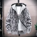 Men's fleece-lined thick knitted hooded cardigan winter warm geometric pattern sweater jacket - M / 6957 Beige