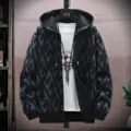 Men's winter fleece-lined thick knitted hooded cardigan jacket with stylish geometric pattern. - M / 6957 Black