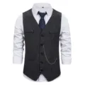 Men's classic herringbone tweed vest detail, elegant single-breasted suit waistcoat. - S / Tops / Black