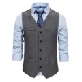 Men grey herringbone tweed vest detail with chain, classic single-breasted suit waistcoat. - S / Tops / Gray