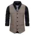 Men's herringbone tweed single breasted vest with shirt and tie, vintage style business casual. - S / Tops / Coffee