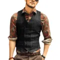 Detailed view of mens casual herringbone tweed vest, double breasted waistcoat for men. - XS / Black