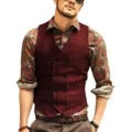 Men's casual herringbone wool blend double breasted suit vest waistcoat for business daily. - XS / Dark Red
