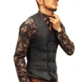 Men's vintage herringbone double-breasted vest paired with stylish floral long sleeve shirt. - XS / Dark Gray