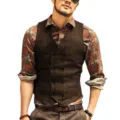 Men's casual herringbone tweed waistcoat detail view showcasing premium fabric texture. - XS / Coffee
