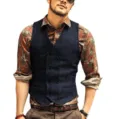 Men's stylish double-breasted tweed vest, classic vintage waistcoat for casual daily wear. - XS / Navy Blue