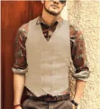Men casual herringbone waistcoat detail view, stylish double breasted vest for autumn wear. - XS / Champagne
