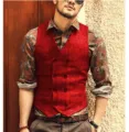 Men's red double-breasted vest detail view, textured herringbone waistcoat close-up style - XS / Red