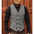 Close-up view of men's gray herringbone double-breasted vest detail, stylish daily casual wear. - XS / Gray