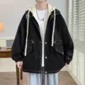 Men's casual hooded jacket autumn loose false two piece outerwear stylish streetwear - M / Tops / Black