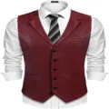 Gilet in pelle sintetica slim fit da uomo monopetto con risvolto per autunno inverno affari casual. - Taglia M / Borgogna