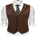 Gilet da uomo in pelle PU marrone con camicia bianca e cravatta, taglio slim casual elegante. - Marrone scuro