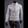 Men's high neck knit sweater featuring stylish front button closure and slim fit design for daily wear. - S / Light Gray
