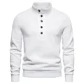 White stand collar button long sleeve sweater detail view, premium knitwear for men. - S / White