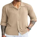 Men's casual ribbed knit long sleeve shirt with lapel collar and button-down design for daily wear. - Light Khaki