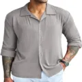 Men's gray ribbed button-up long sleeve casual lapel shirt for daily wear and fashion outfit. - Light Gray