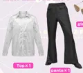 Stiloso completo da uomo anni 70 con camicia di paillettes disco e pantaloni a zampa. - Taglia S / Top e Pantaloni / Completo top bianco e pantaloni neri