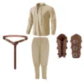 Men's Renaissance Pirate Costume Set Khaki Laced Shirt Pants Belt Bracers 4-Piece Set - S / Set / Khaki Top + Khaki Pants + Belt + Wrist Guards