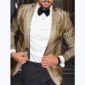 Gold metallic grid sequin blazer jacket close up detail, stylish mens party stage wear. - XS / Suit Jacket - Gold