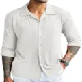 Men casual ribbed long sleeve shirt detail, solid color button down lapel top for daily wear. - S / White