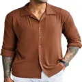 Men's ribbed long sleeve button down shirt casual vintage camp collar top for daily wear - S / Brown