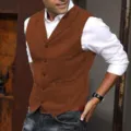 Men's brown tweed herringbone suit waistcoat, business casual retro slim fit vest. - S / Orange