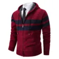 Cardigan in maglia da uomo con cappuccio e zip, felpa a righe casual invernale. - Taglia M / 8827 Rosso vino