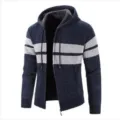 Men's winter fleece lined knitted cardigan hoodie casual thick warm zip outerwear - M / Navy Blue