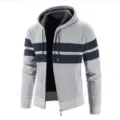 Cardigan in maglia foderato in pile da uomo con cappuccio e righe, giacca invernale calda casual. - Grigio chiaro
