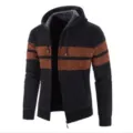 Men winter thick fleece lined hooded knit cardigan jacket with contrast stripe design main view - M / Black