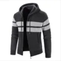 Men's winter thick hooded knitted cardigan sweater featuring stylish contrast stripes and full zipper. - M / Dark Gray