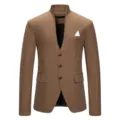 Men's casual slim fit stand collar suit jacket blazer with three buttons and pocket square. - M / Coffee