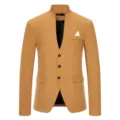 Men detail shot of khaki stand collar slim fit suit jacket with chest pocket and white square. - M / Khaki