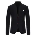 Men's black stand collar slim fit casual blazer jacket with three buttons and pocket square. - M / Black
