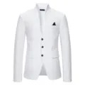 Detail view of men's white mandarin collar slim fit blazer jacket with pocket square. - White