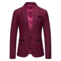 Men's slim fit casual burgundy blazer jacket with stylish black trim single button suit top - M / Burgundy