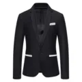 Men slim fit casual black blazer jacket with stylish white pocket trim for wedding party. - M / Black