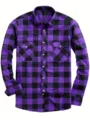 Details of the purple and black plaid flannel shirt featuring dual chest pockets and button cuffs. - Purple